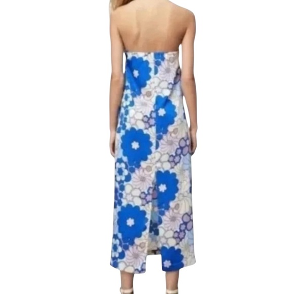Zara Blue Floral Retro Strapless Maxi Dress Size Medium NEW With Tags - Picture 2 of 14